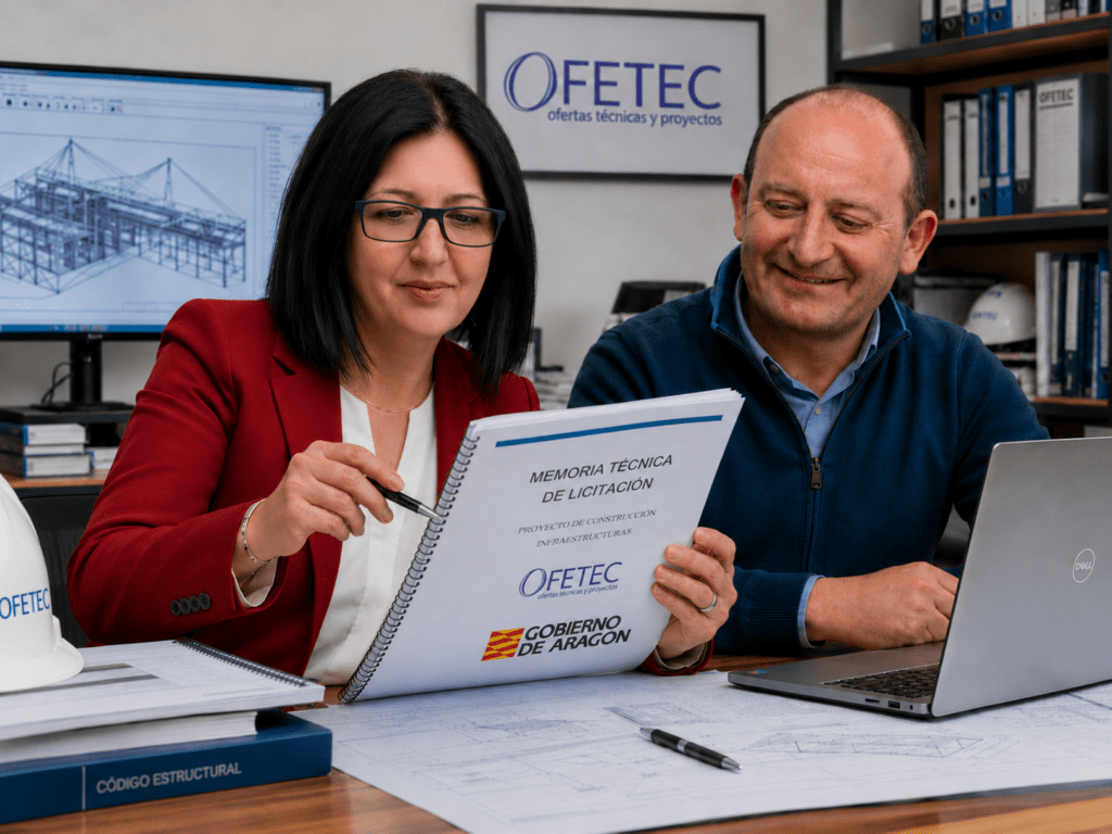 Equipo de OFETEC elaborando memoria técnica para licitación en Aragón