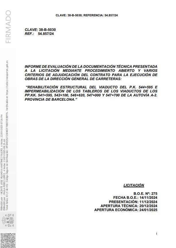 Informe de valoración de una memoria técnica de licitación pública